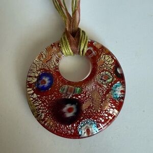 Hand Crafted Silver , Blue and Burgundy Circle Art Glass Pendant